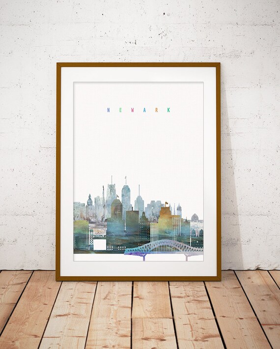 Newark Skyline Soft Watercolor City Buildings Bridge Art Poster