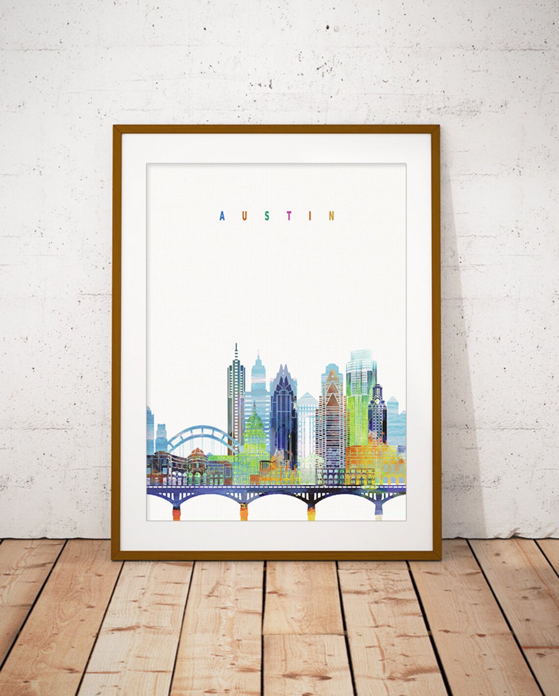 Austin Texas Bridge Watercolor Downtown Skyline Art Modern Home Decor Poster