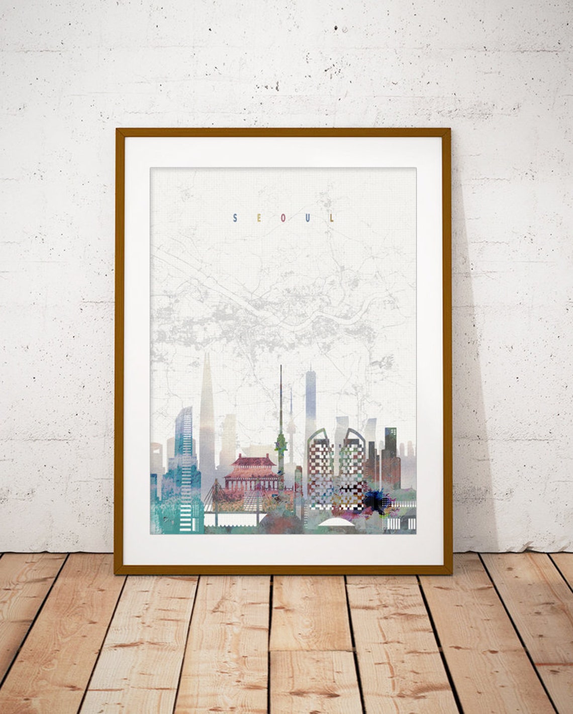 Seoul South Korea Watercolor Skyline Map Landmarks Cityscape Poster