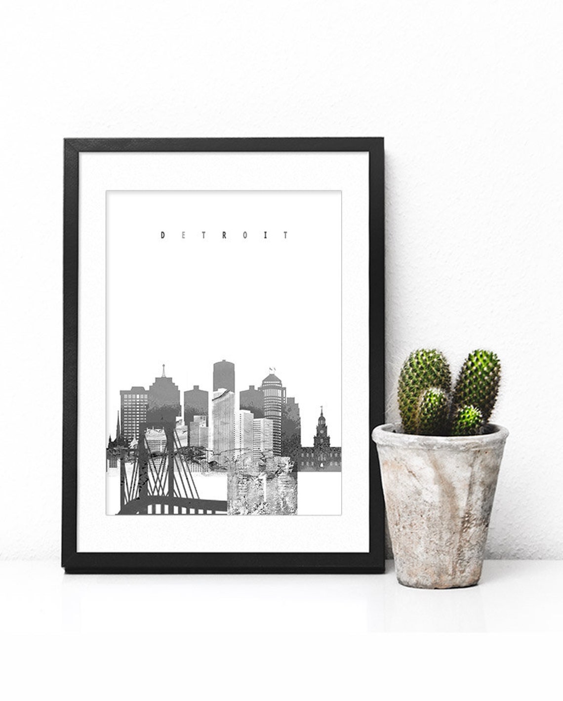 Detroit Black and White Skyline Bridge Minimalist Decor Poster - Image 3