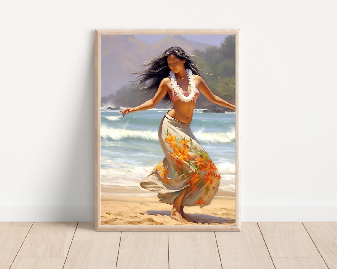 Beautiful Hula Dancer On Beach Hawaiian Hula Art On Thick Matte Paper - Image 2