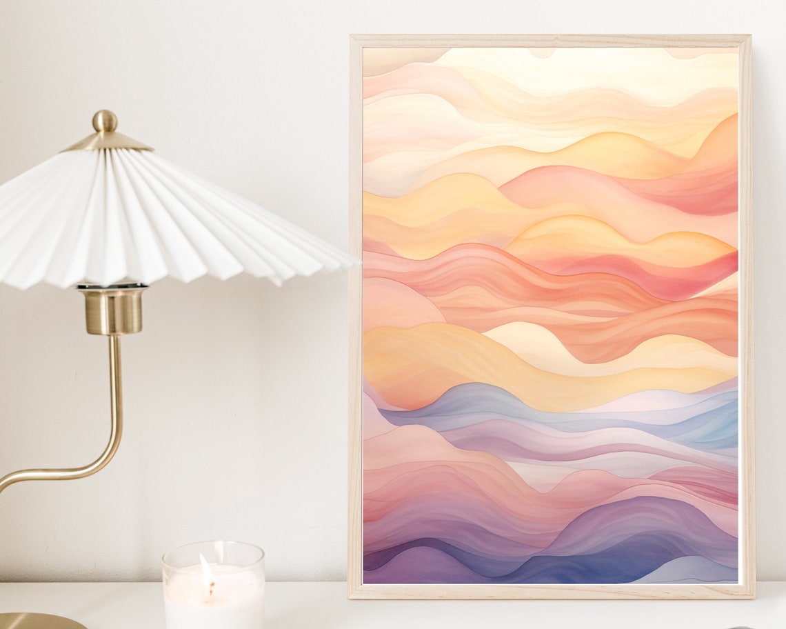 Abstract Sunset Wave Pattern Watercolor Ocean Art Coastal Decor Painting Tropical Sunset Wall Print Beach Vibe Home Decor - Image 2