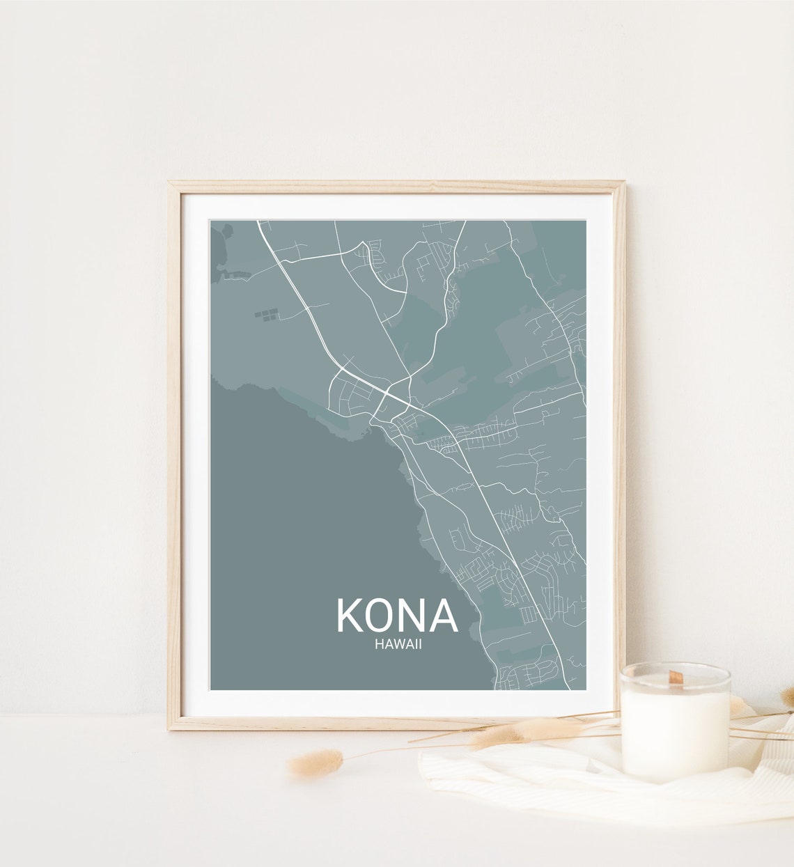 Kona Hawaii Street Map Sage Green Minimalist Travel Poster Wall Art