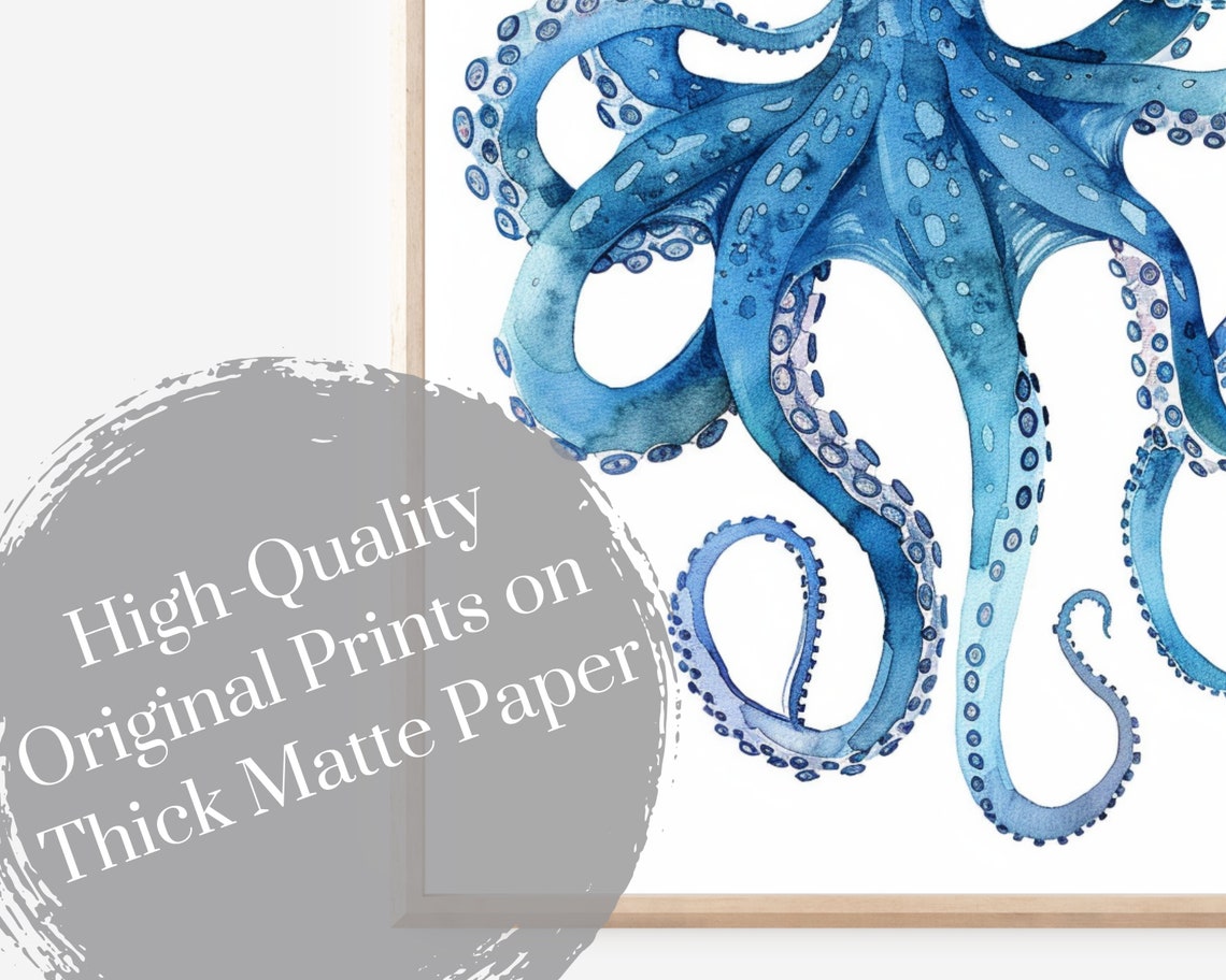 Blue Octopus Watercolor Tentacles Ocean Sea Animal Wall Poster Print - Image 4