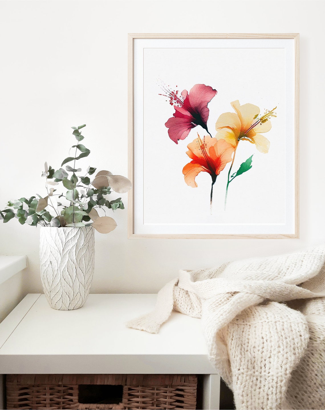Hibiscus Watercolor Trio Pink Yellow Orange Blooms Minimalist Wall Art - Image 2