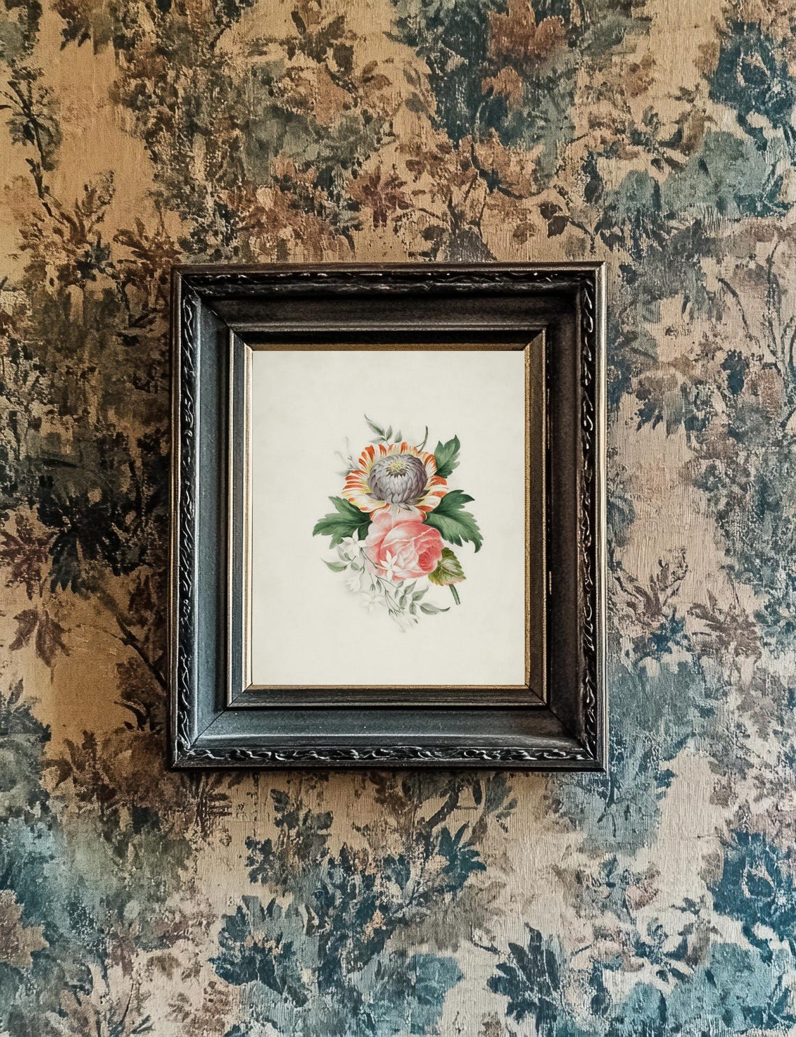 Striped Orange Flower And Pink Roses Vintage Botanical Print - Image 2