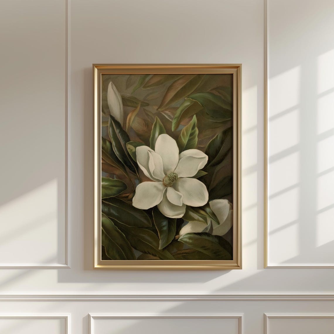 White Magnolia Bloom Glossy Green Leaves Painterly Vintage Poster - Image 5