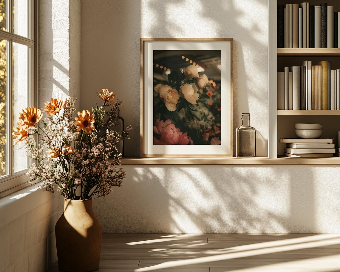 Cream And Pink Peonies With Evening Lights Moody Photograph Print - Image 6