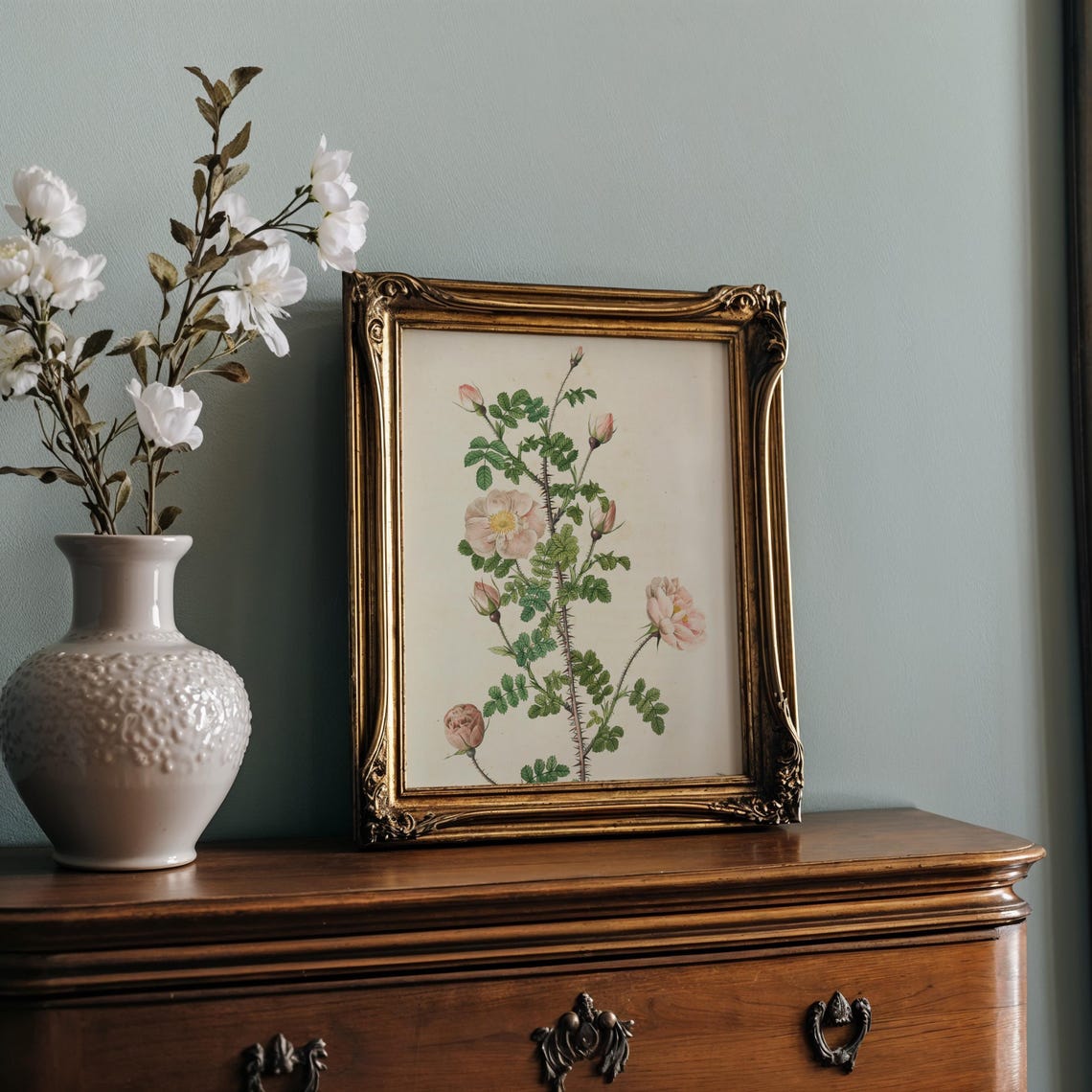 Thorny Briar Rose with Blush Blooms Vintage Botanical Poster - Image 2