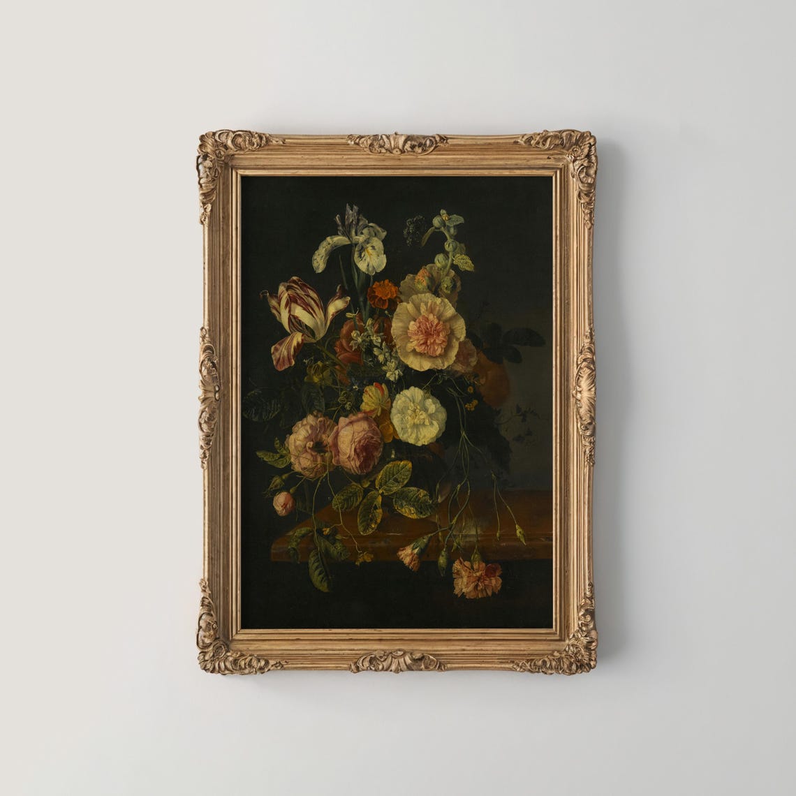 Striped Tulips Iris and Peonies Dark Floral Bouquet Painting Poster