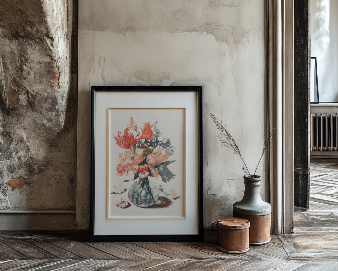Red Tulips And Carnations In A Glass Vase Vintage Bouquet Print - Image 3