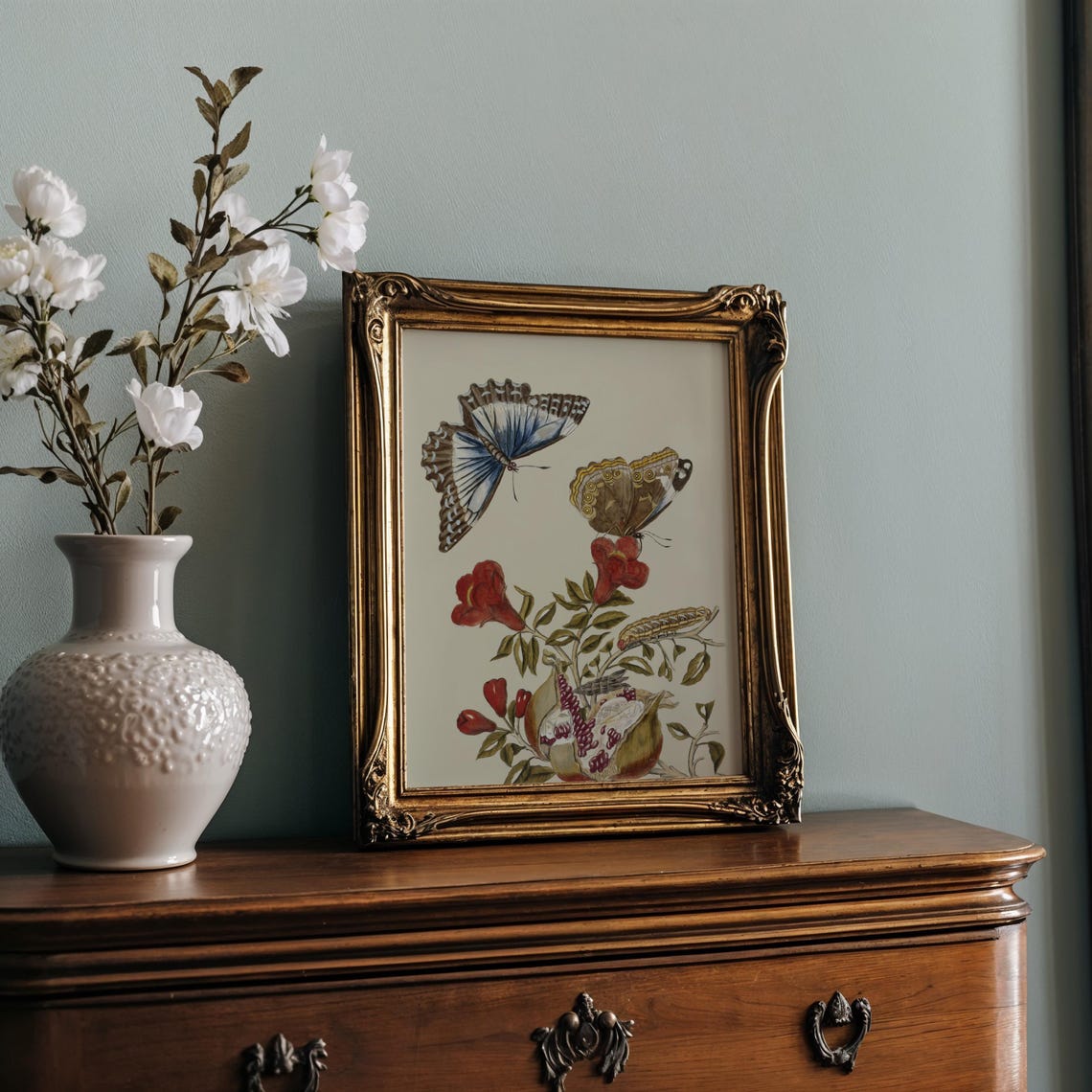 Butterflies with Red Blossoms in Antique Botanical Illustration Poster - Image 2