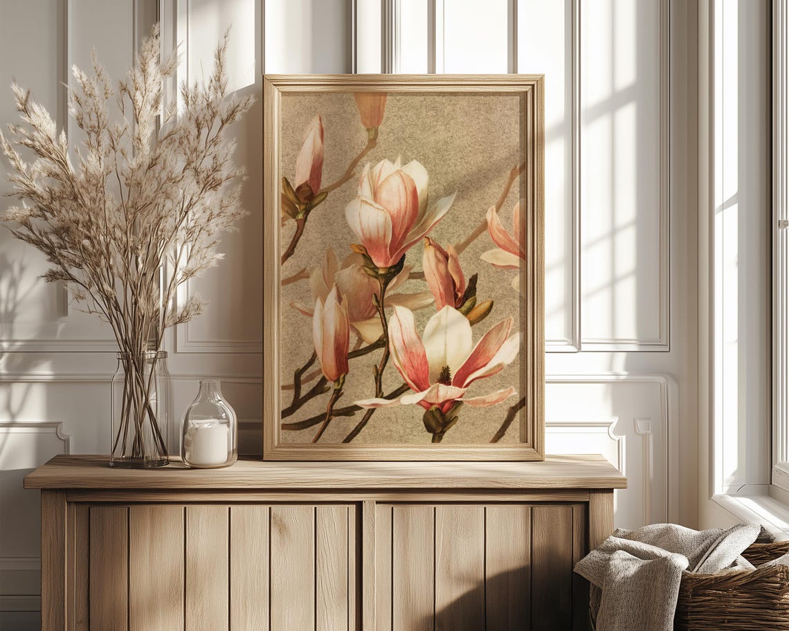 Vintage Magnolia Branch Blush White Blossoms Taupe Ground Poster - Image 4