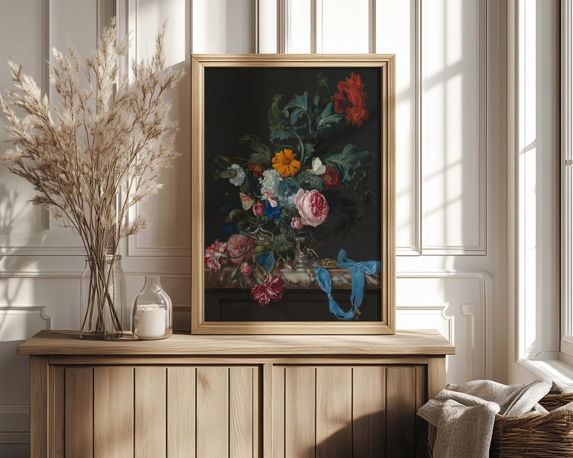 Moody Mixed Bouquet with Blue Ribbon in Dark Classic Still Life Poster - Image 4