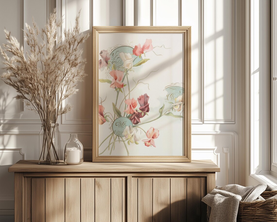 Climbing Sweet Peas in Pink and Burgundy Vintage Floral Poster - Image 4