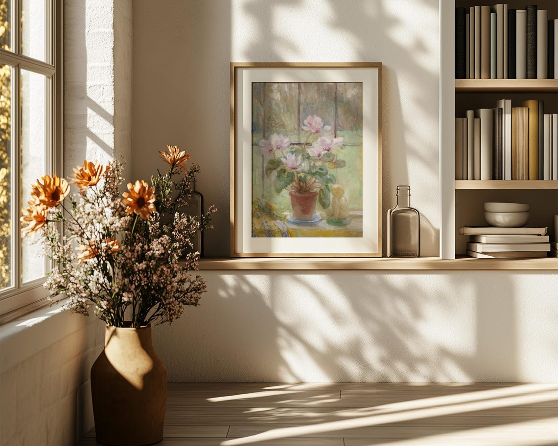 Pink Cyclamen Pot on Windowsill in Soft Watercolor Art Poster - Image 6