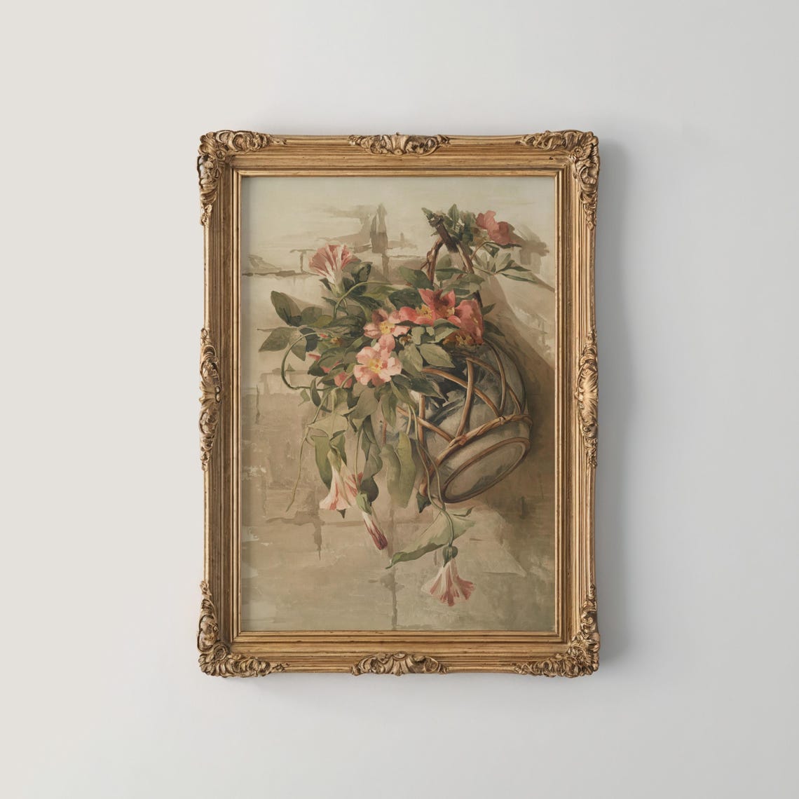 Pink Trumpet Blossoms Spilling from Woven Basket Still Life Poster
