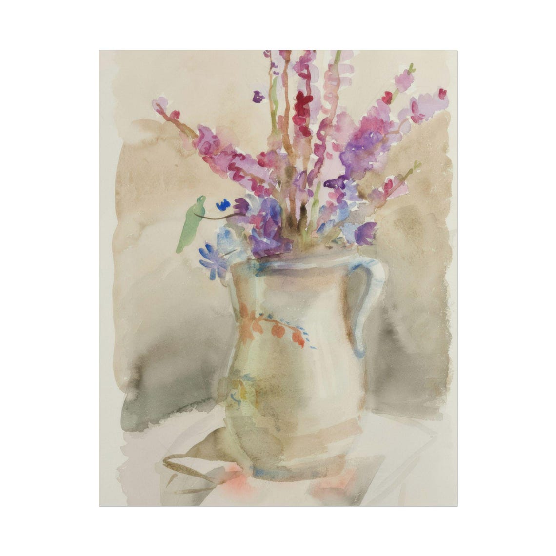 Pink Sweet Peas in Ceramic Pitcher Soft Watercolor Floral Poster - Image 4