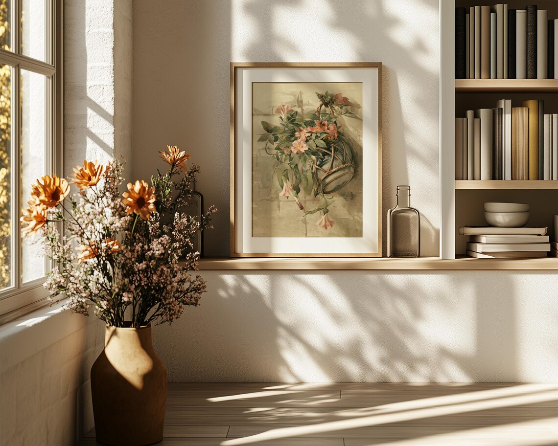 Hanging Basket of Pink Flowers in Soft Watercolor Garden Art Poster - Image 6