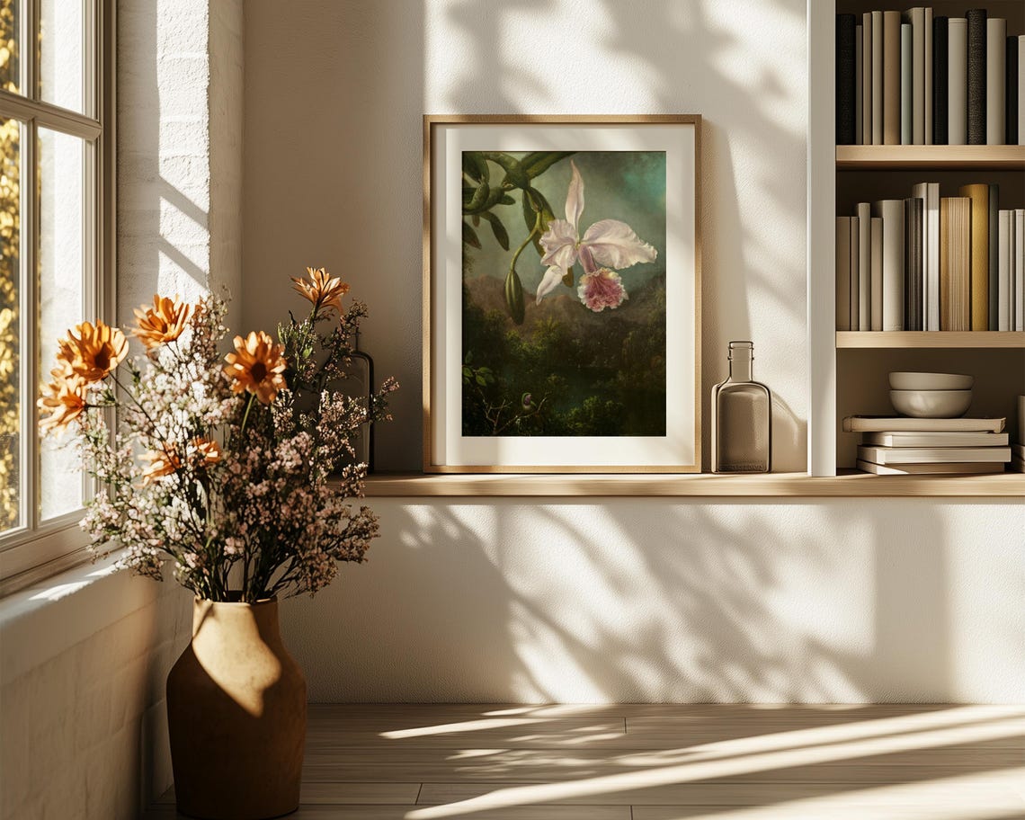 White Orchid Over A Dark Tropical Valley Oil Painting Style Print - Image 6