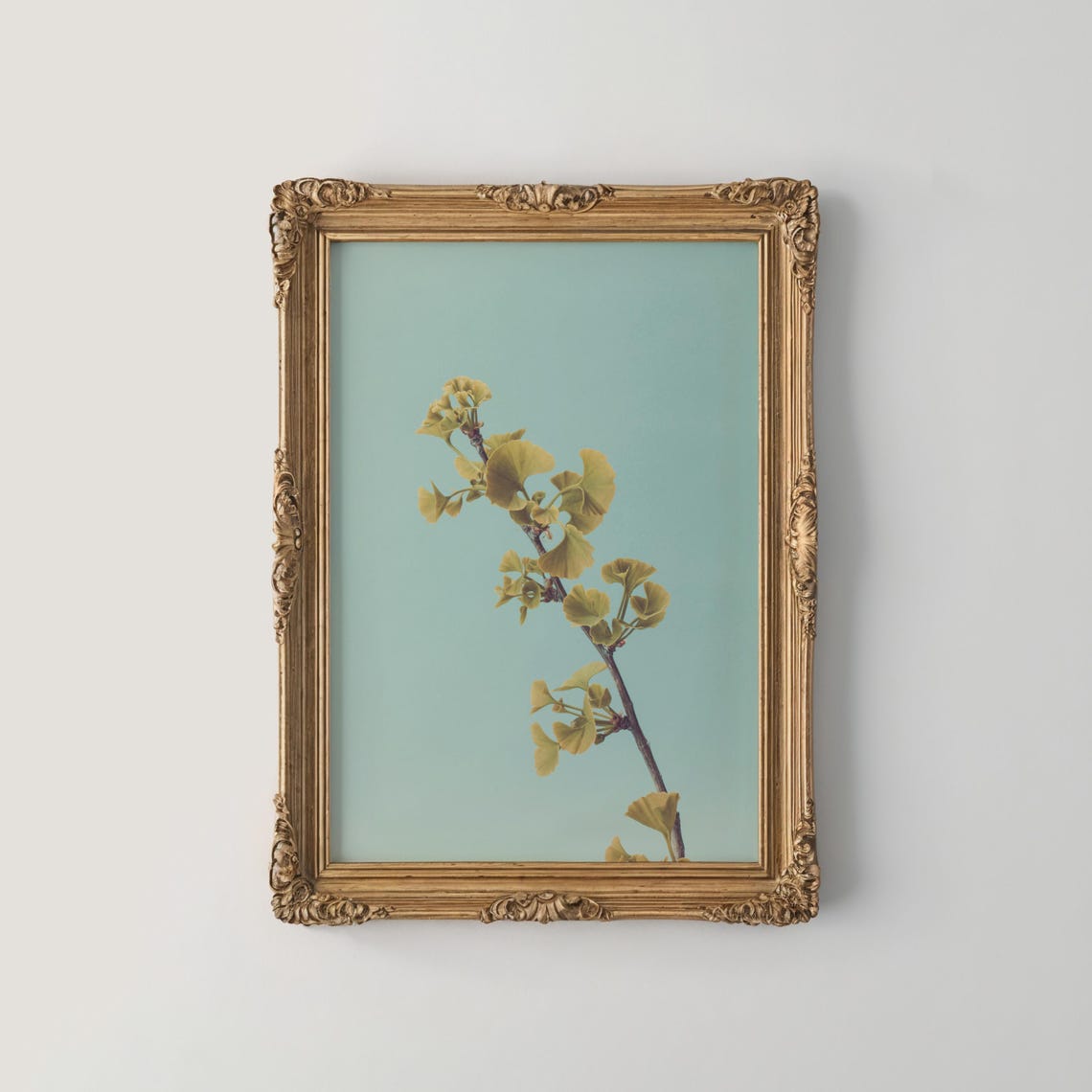 Golden Ginkgo Leaves Branch Minimalist Teal Botanical Poster