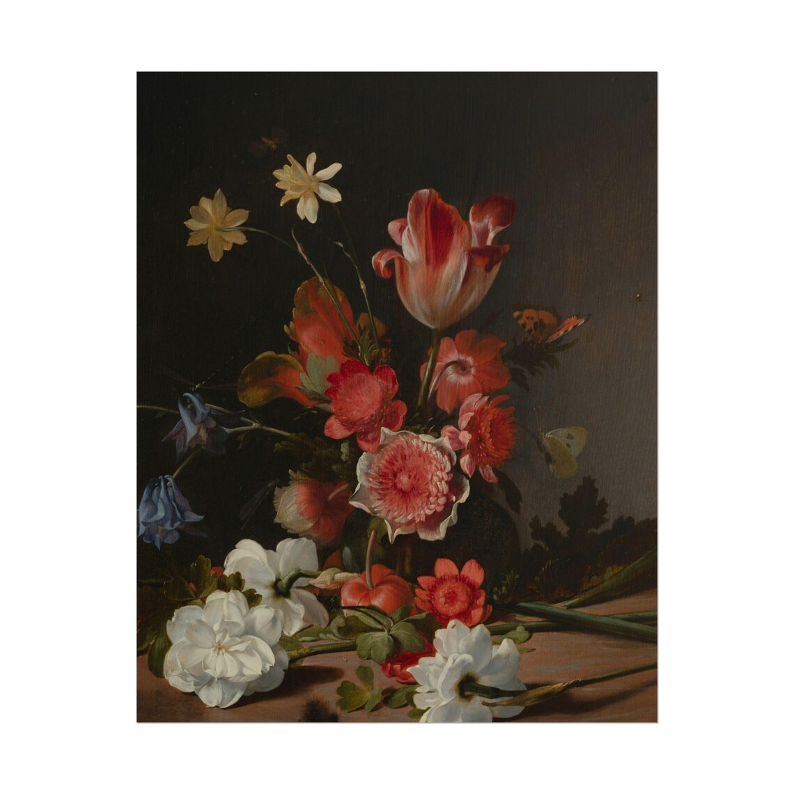 Tulips Anemones and Columbine Dark Floral Still Life Painting Poster - Image 2