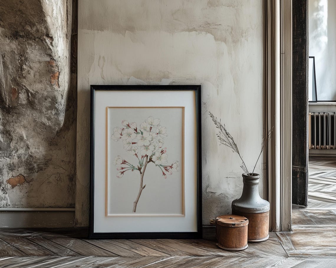 White Cherry Blossom Branch Vintage Botanical Illustration Poster - Image 3