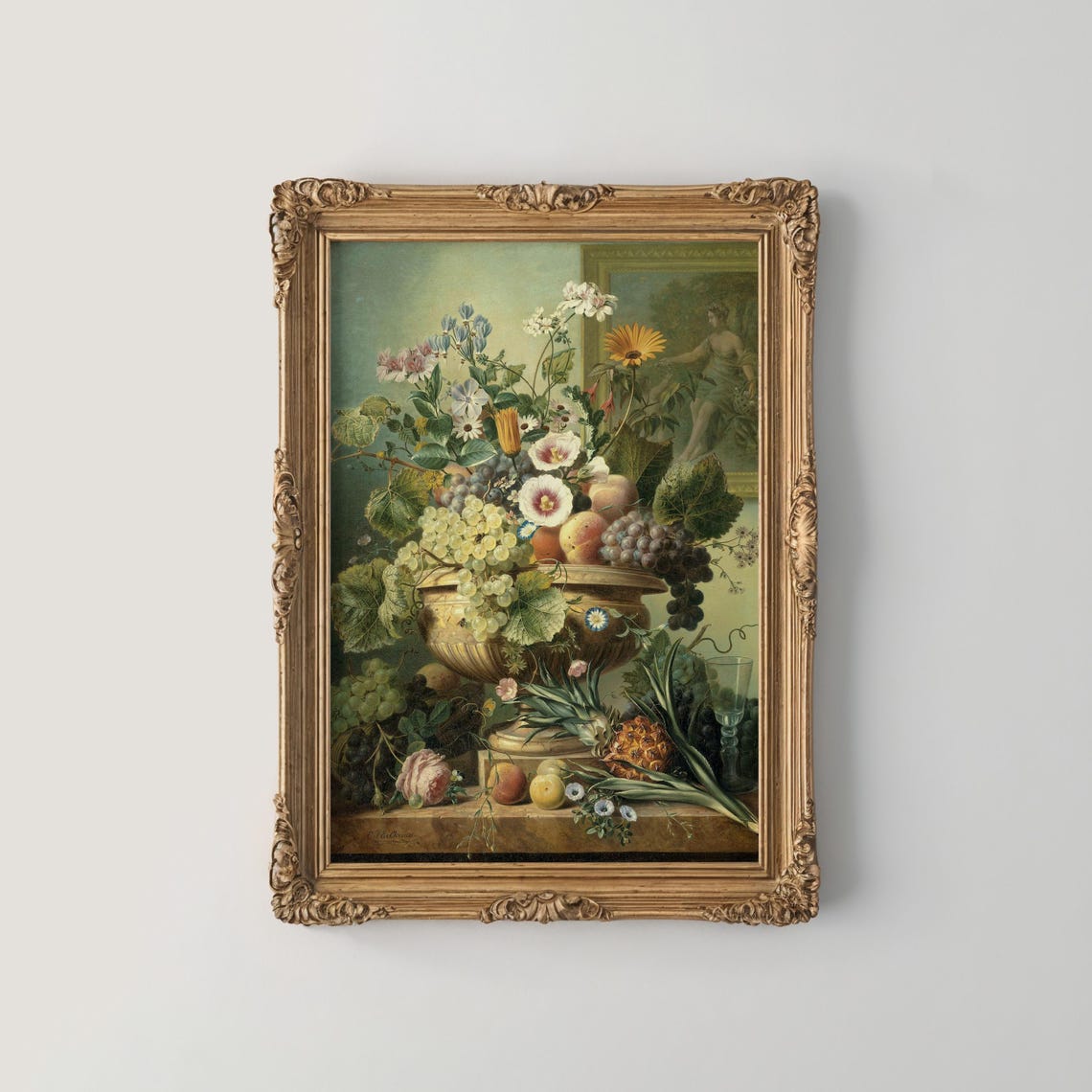 Fruit and Flower Still Life in Golden Urn with Grapes Vintage Poster