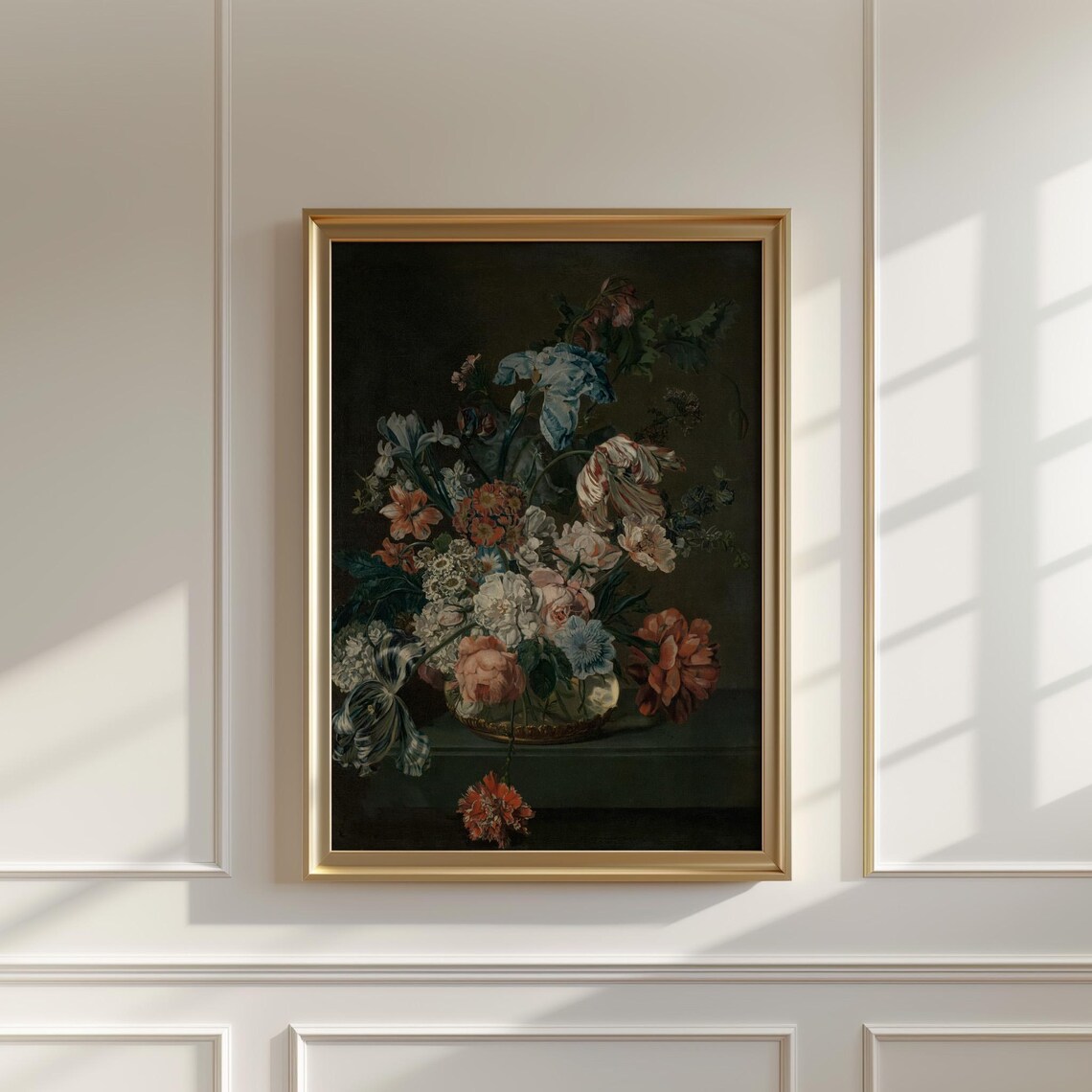 Blue Iris and Parrot Tulip Dark Floral Still Life Painting Poster - Image 5