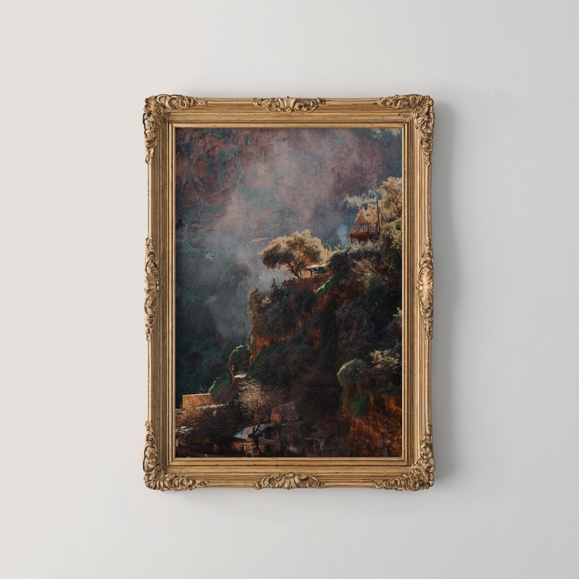 Misty Forested Hillside Village Moody Landscape Photo Poster