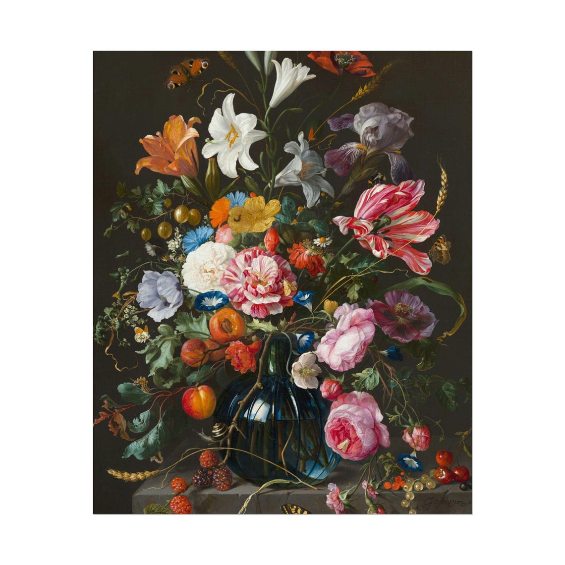 Jan van Huysum Style Bouquet in Blue Glass Vase Floral Art Poster - Image 5