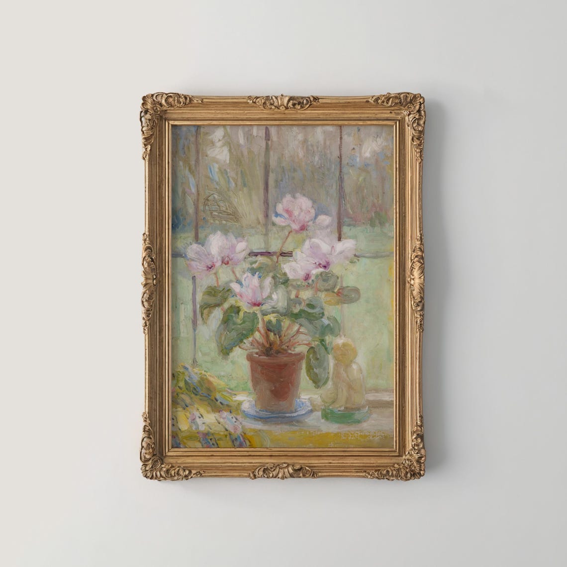Pink Cyclamen Pot on Windowsill in Soft Watercolor Art Poster