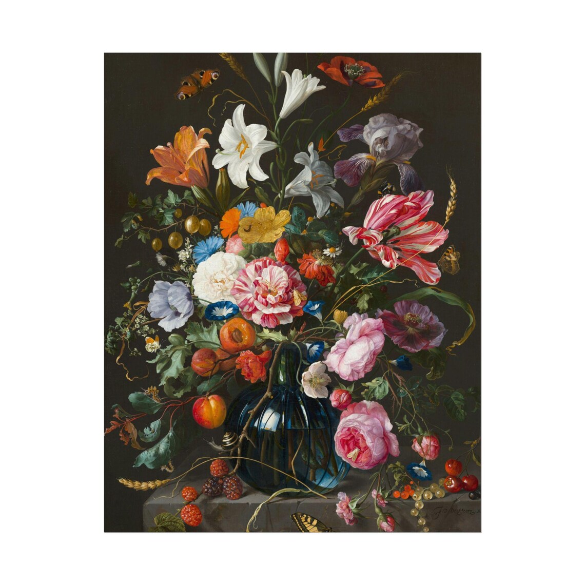 Jan van Huysum Style Bouquet in Blue Glass Vase Floral Art Poster - Image 4