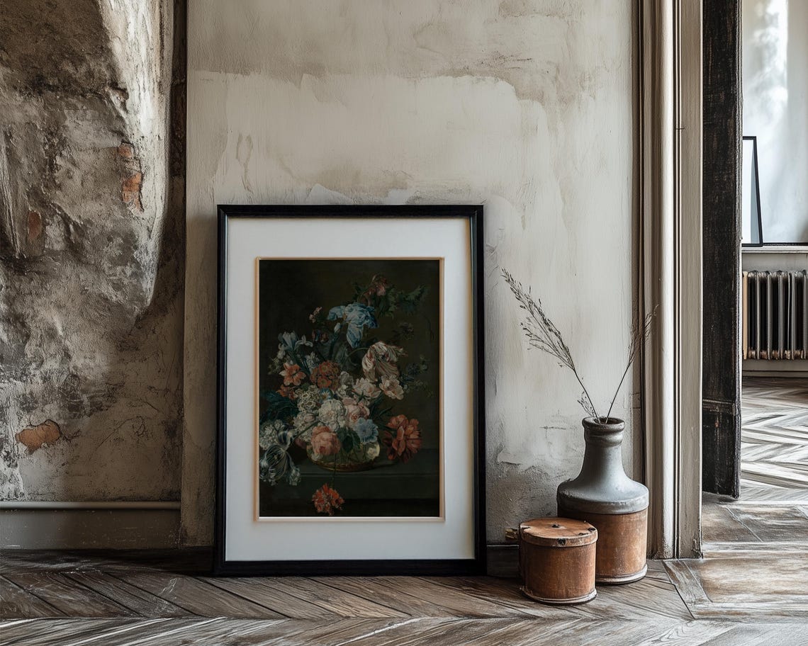 Blue Iris and Parrot Tulip Dark Floral Still Life Painting Poster - Image 3