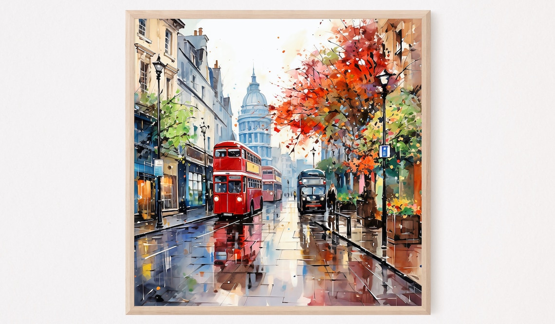 London Rainy Autumn Street Watercolor Painting Red Double Decker Poster