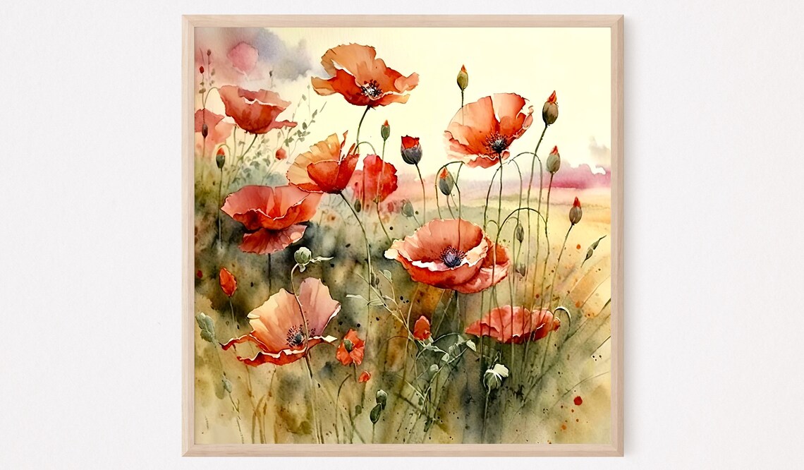Poppy Field Watercolor Sunrise Meadow Art Print