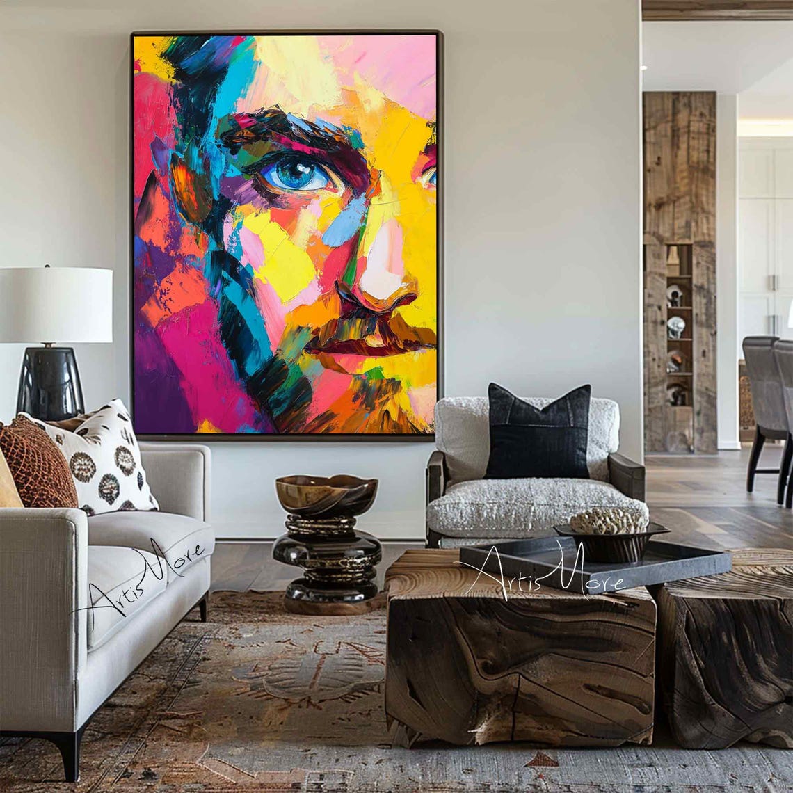 Colorful Pop Art Man Face Abstract Portrait Neon Canvas Art Poster - Image 4