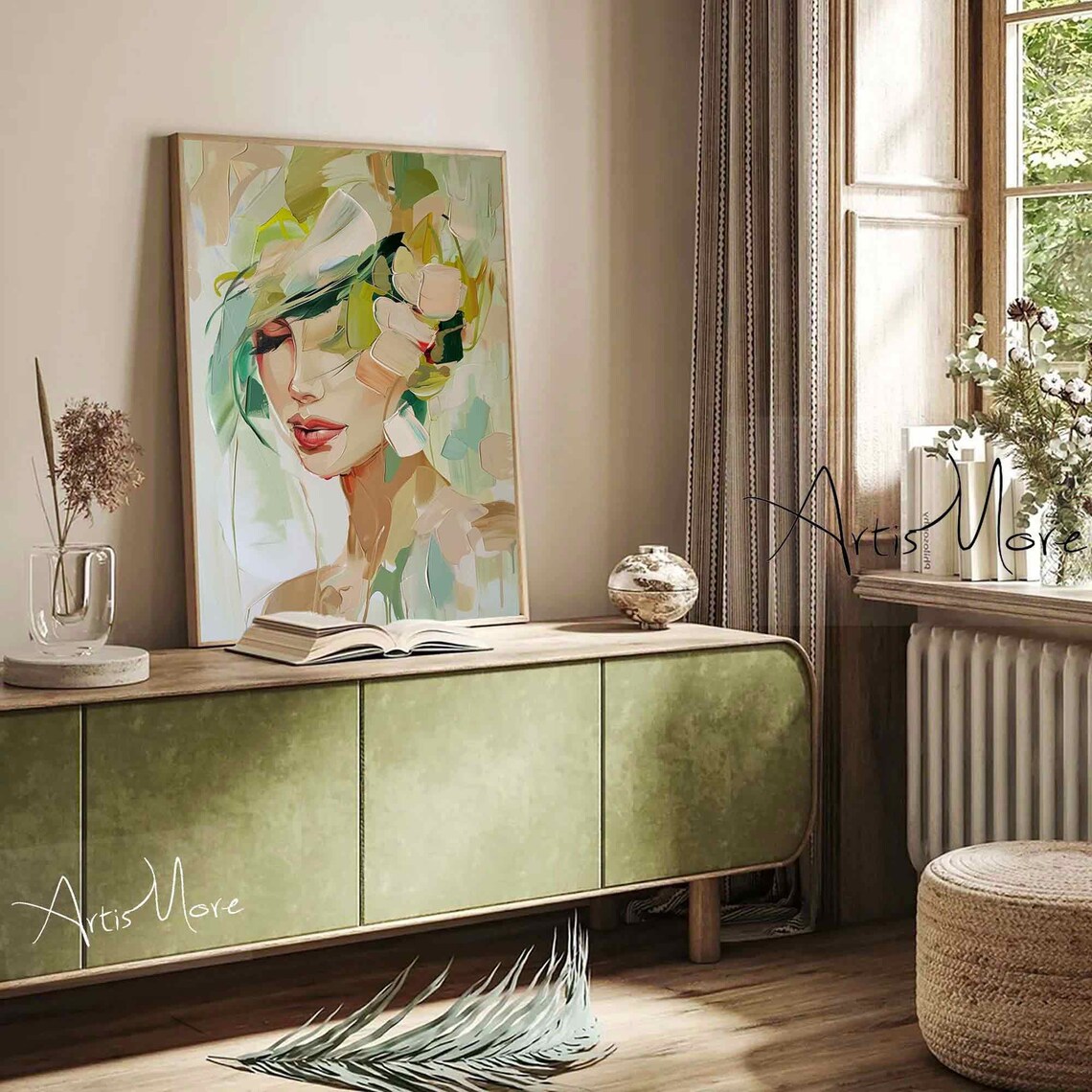 Abstract Woman Face Green Texture Painting Modern Female Portrait Poster - Image 2