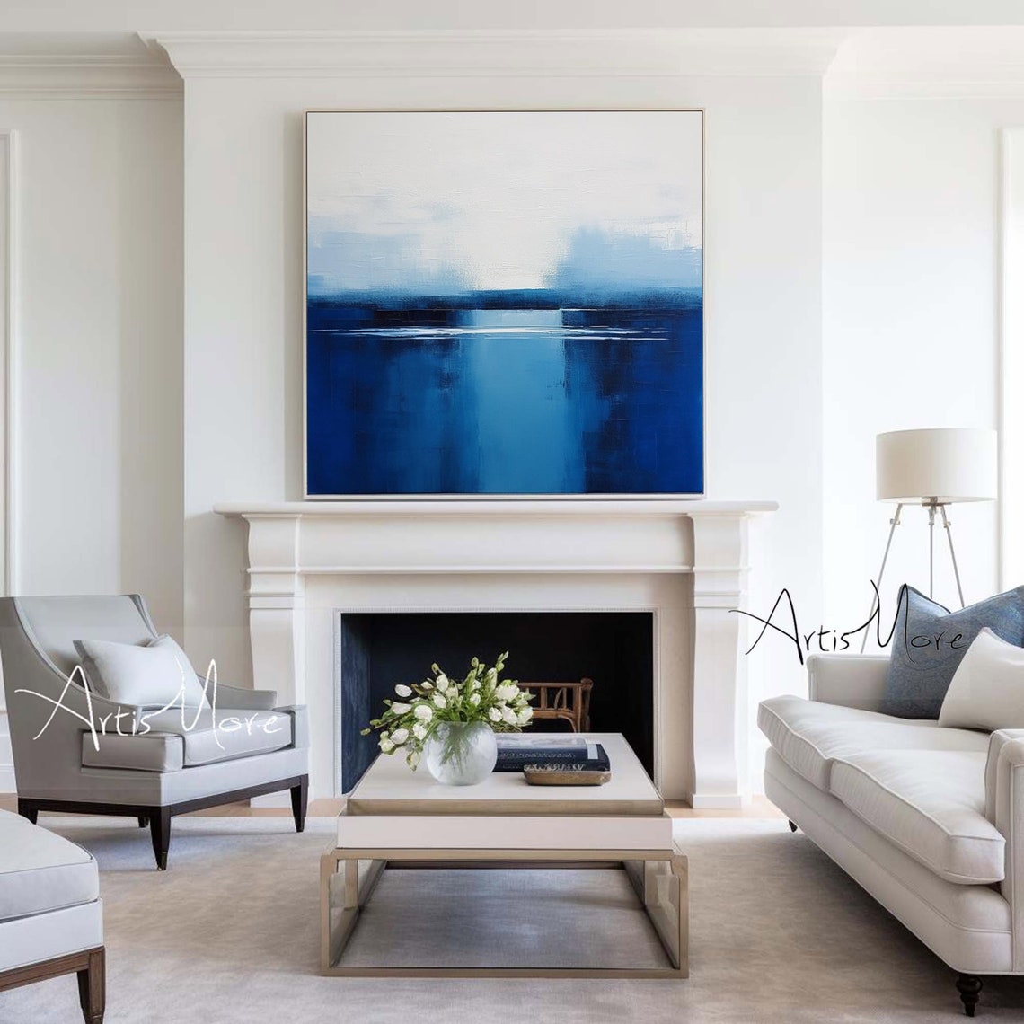Cobalt Blue White Abstract Painting Square Minimalist Modern Wall Art - Image 2