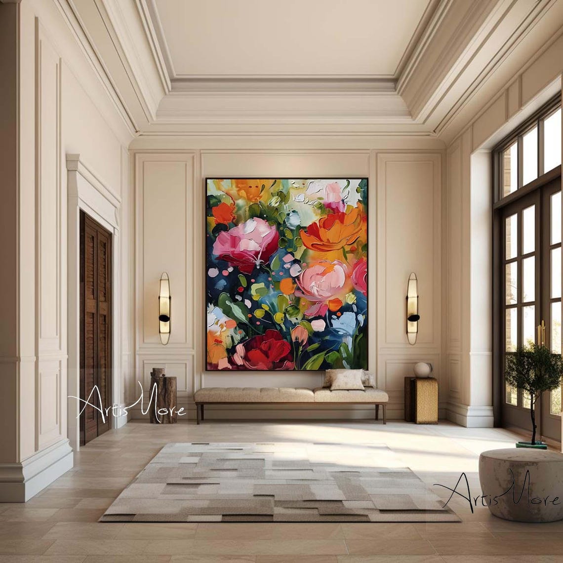 Bold Pink Red Poppy Bloom Abstract Floral Impasto Canvas Art Poster - Image 2