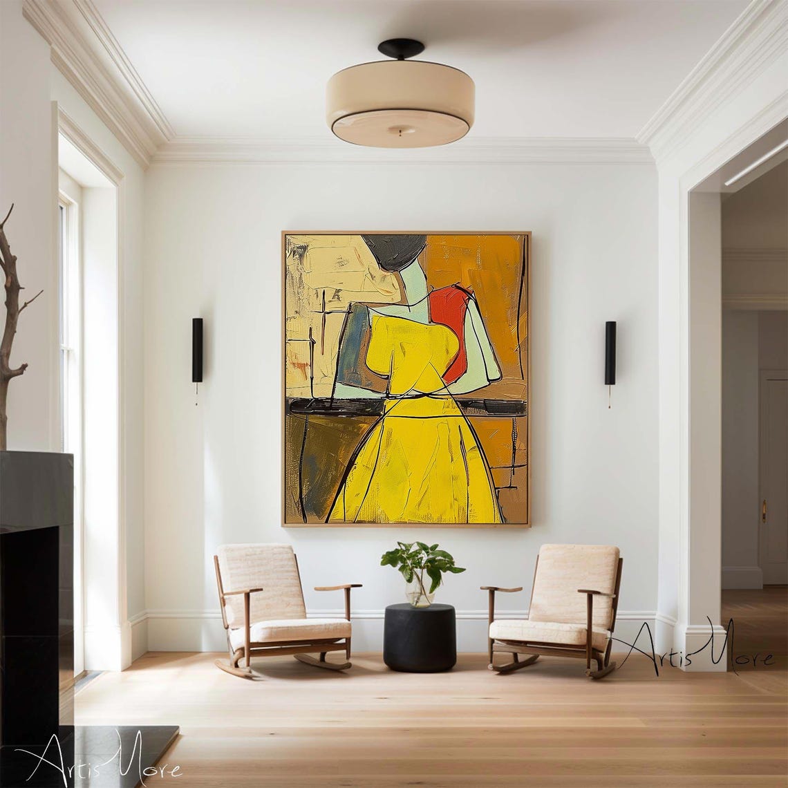 Abstract Woman Yellow Dress Elongated Golden Canvas Art Poster - Image 3