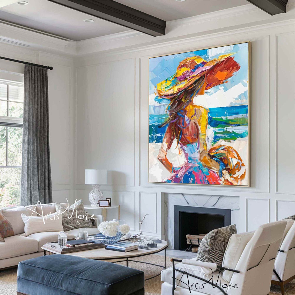 Woman Sun Hat Colorful Abstract Beach Ocean Waves Canvas Poster - Image 2