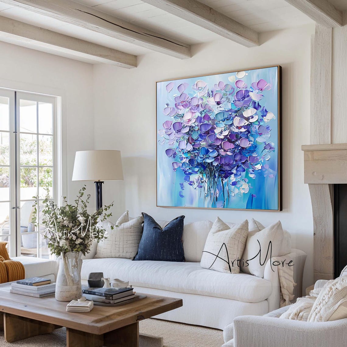 Purple Blue Abstract Floral Bouquet Impasto Texture Canvas Wall Poster - Image 2