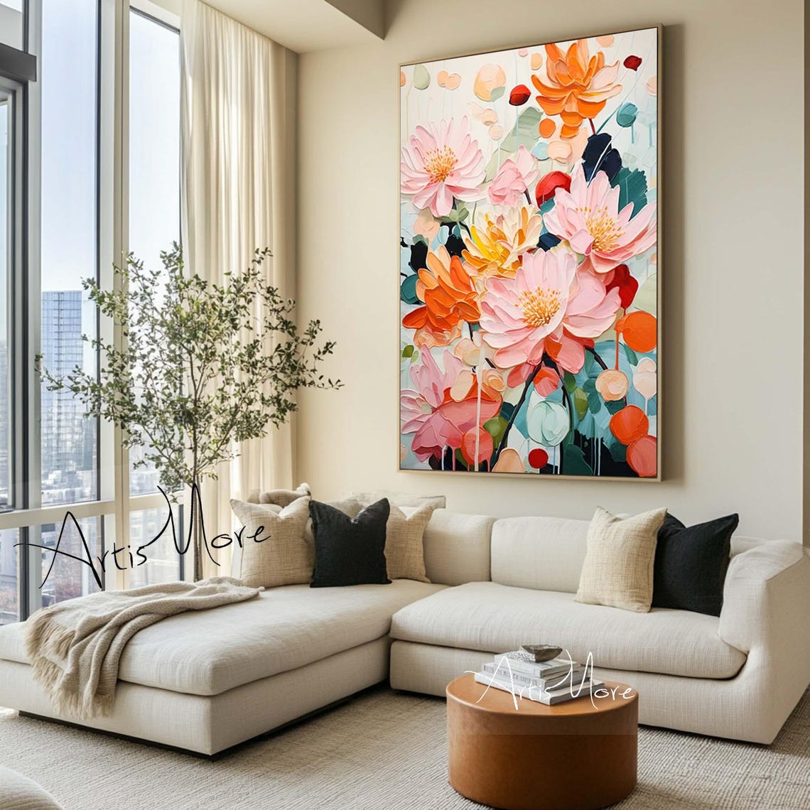 Pink Orange Floral Painting Abstract Blossom Texture Vertical Wall Art - Image 2