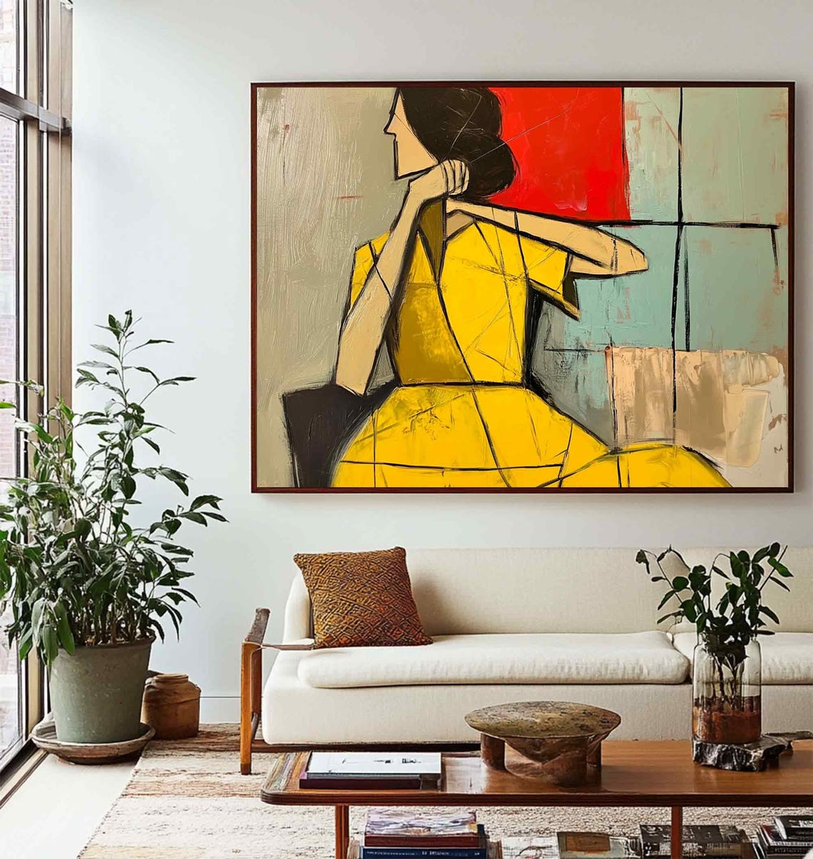 Abstract Woman Yellow Dress Seated Modern Figurative Art Poster - Image 5