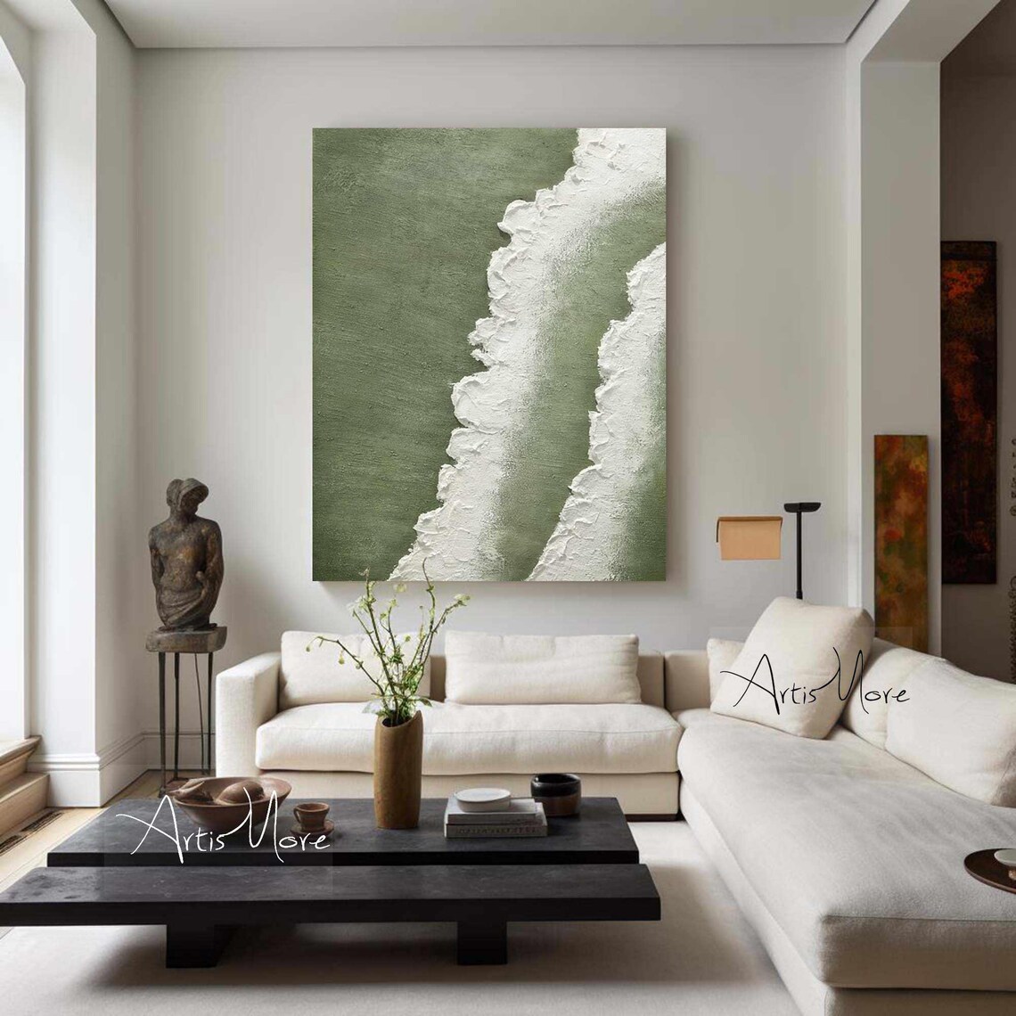 3d Green Minimalist Beach Painting Texture Wall Art Ocean Wave Painting On Wabi Sabi Wall Art Living Room Painting Fashion Wall Decor - Image 2