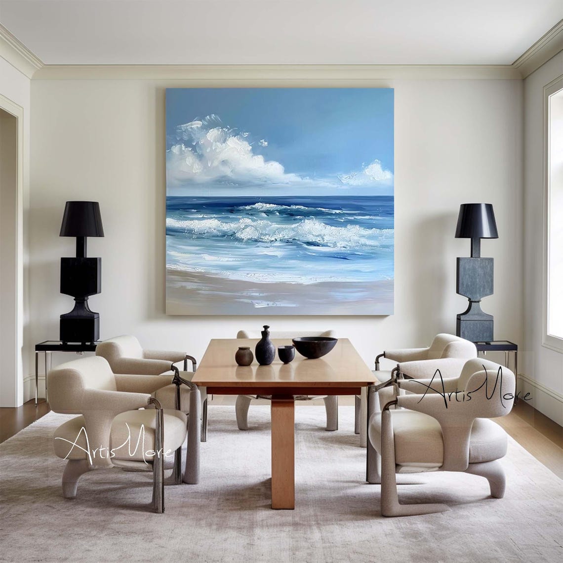 Ocean Wave Painting Blue Sky White Clouds Foamy Surf Beach Wall Art - Image 4