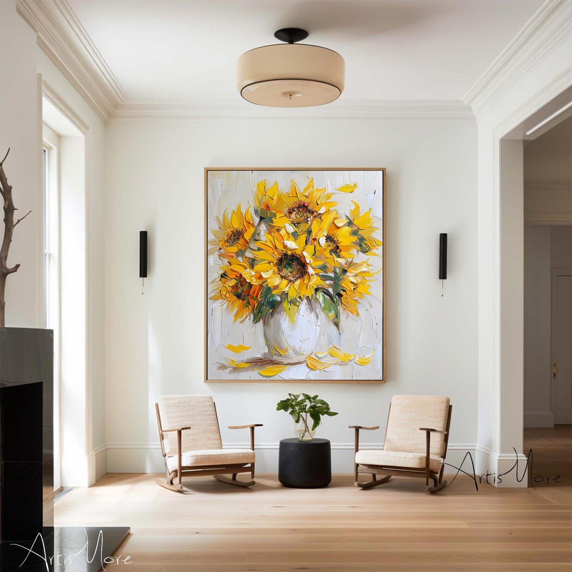 Sunflower Bouquet White Vase Yellow Bloom Impressionist Art Poster - Image 2