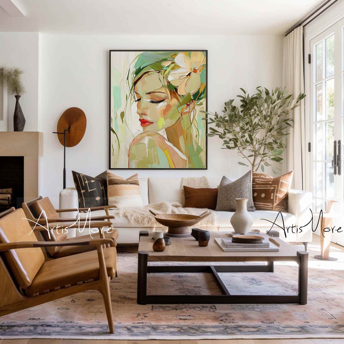 Pretty Girl Portrait Painting Female Figure Wall Art Green Texture Painting Large Abstract People Art Wall Art Living Room Wall Decor - Image 3