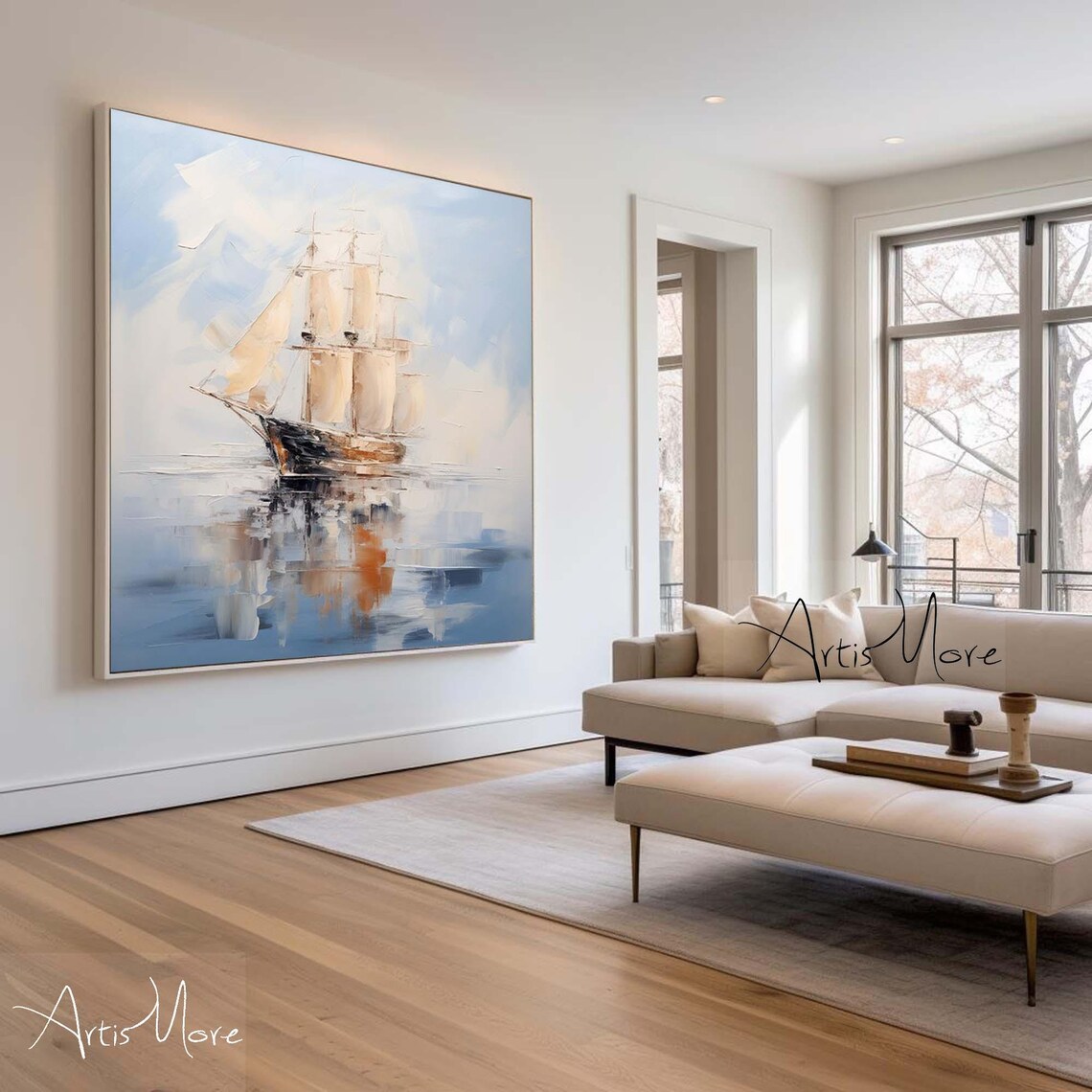 Vintage Tall Ship Full Sails Calm Blue Sea Nautical Canvas Poster - Image 3